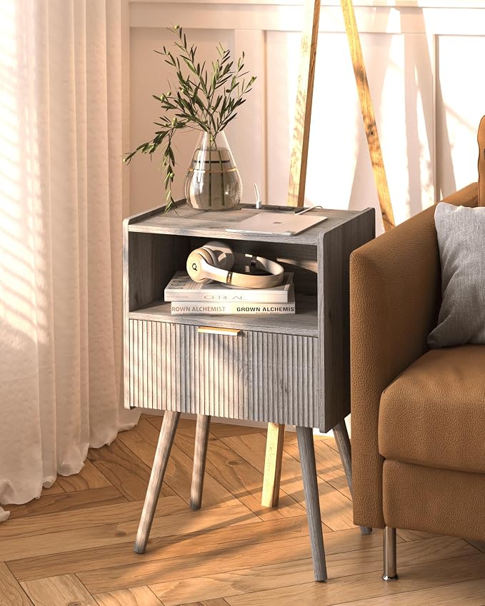 JOONEE Nightstand with Outlet, Modern Bedside Table with Storage Drawer and - Image 7