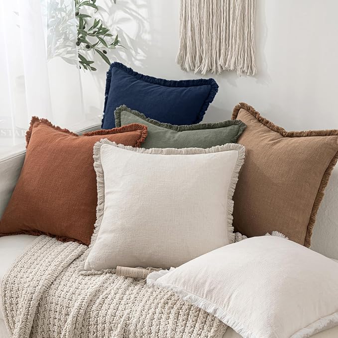 MIULEE Boho Linen Fringe Decorative Throw Pillow Covers Dark Navy 16x16 | Set - Image 5