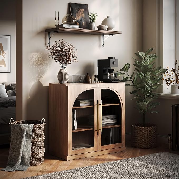 BELLEZE Modular Sideboard with Arched Glass Door, Accent Display Buffet Cabinet by BELLEZE