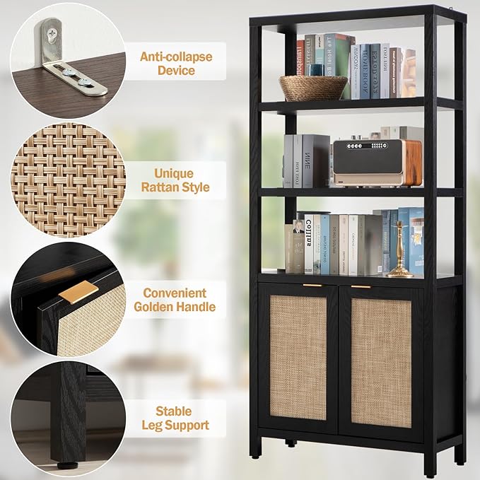 SICOTAS Bookshelf 5 Tier Book Shelf Rattan Boho 71" Tall Bookcase - Image 5