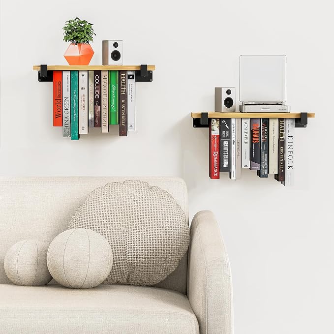 NANATI 2 Set of Floating Bookshelf, Pine Wood Invisible Bookshelf, Hanging - Image 2