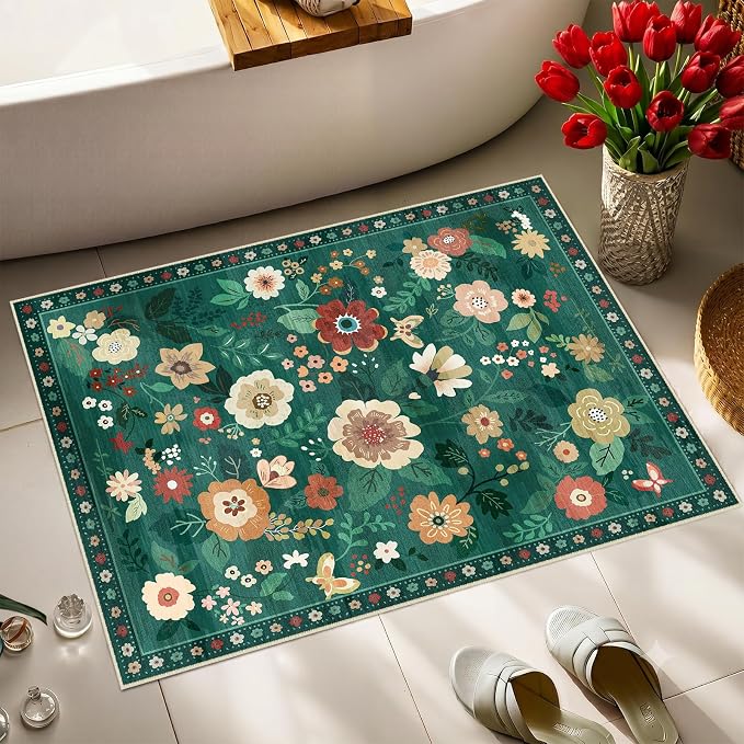 RELEANY Floral Washable 2x3 Area Rugs Doormat DarkGreen | Flower Carpet Print - Image 2