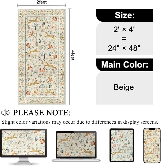 DUKINO 2x4 Rug for Entryway, Animal Washable Runner Rug for Kitchen, Low Pile - Image 2