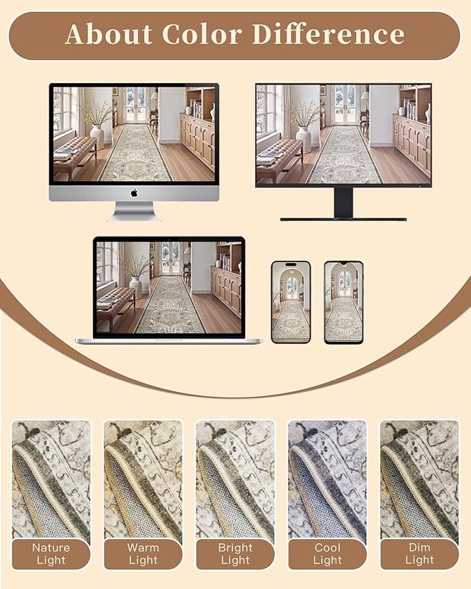 Madane Hallway Runner Rug 3x18 Washable Kitchen Runners 18ft, Ivory/Brown | - Image 9