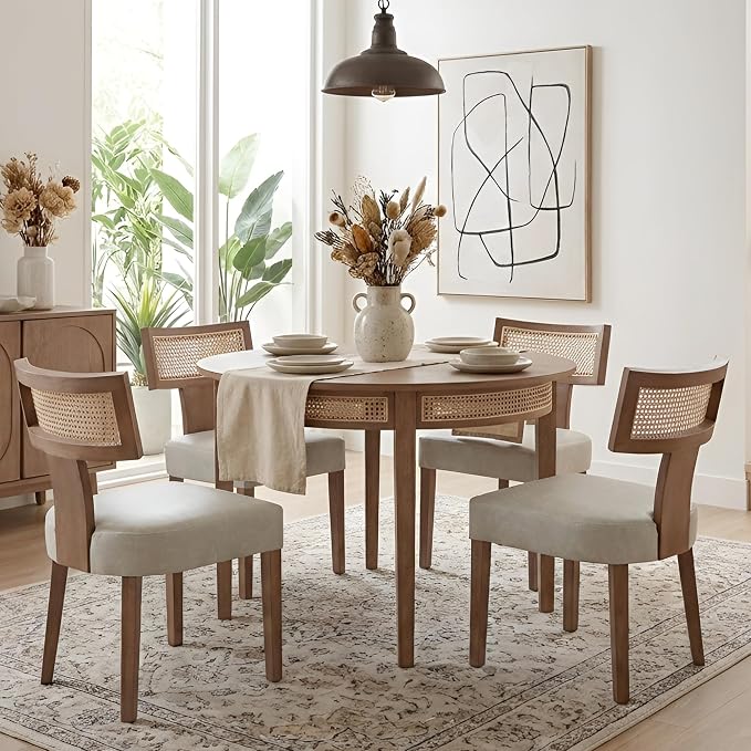 HNY Mid Century Modern Rattan Dining Chairs Set of 4, Farmhouse PU Leather by HNY