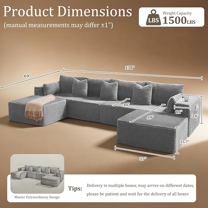 138" Cloud Sectional Couch, Comfort U Shaped Sofa - Image 2