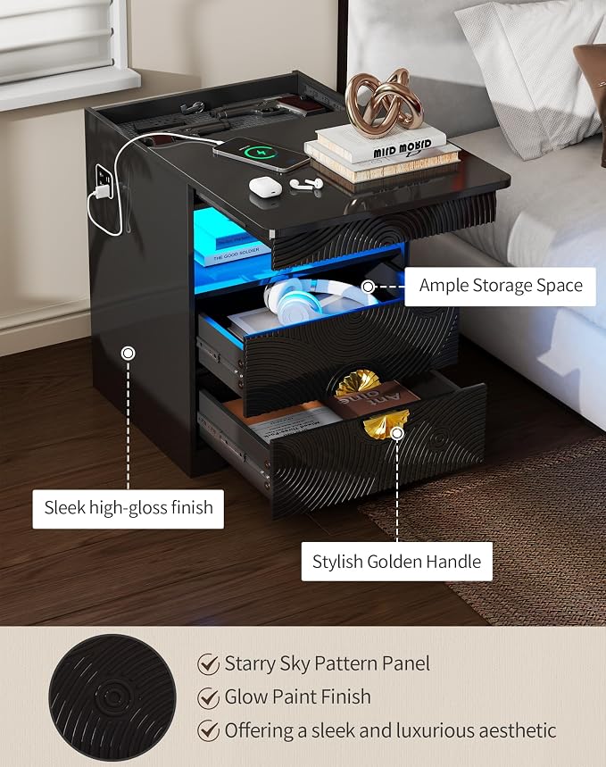 Modern Nightstand Set 2 with Gun Drawer, Bedside Table with 3-Color LED Lights - Image 7