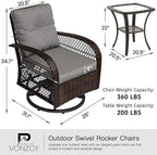3 Pieces Patio Furniture Set, Outdoor Swivel Glider Rocker, Wicker Patio Bistro - Image 7