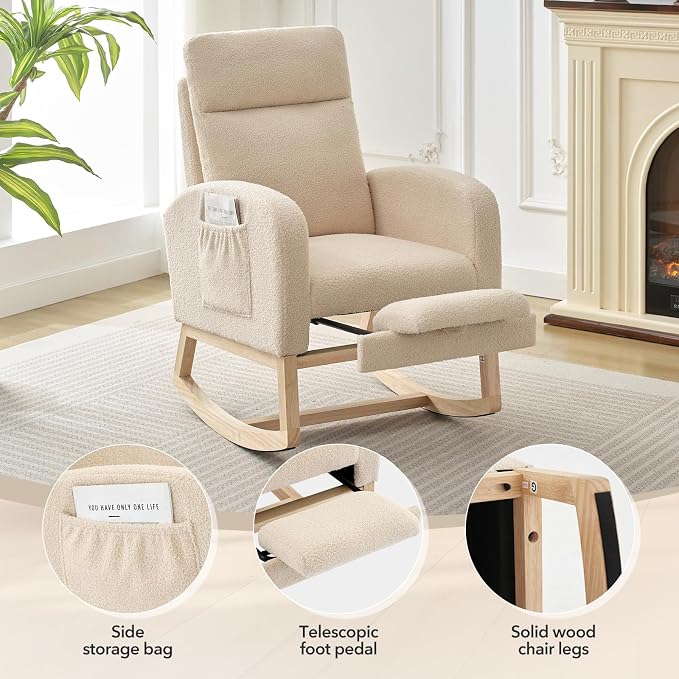 Nursery Rocking Chair with Foot Rest, High Back Upholstered Glider Rocker Chair - Image 5