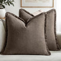 MIULEE Linen Fringe Decorative Fall Euro Throw Pillow Covers Coffee 24x24 | Set by MIULEE