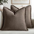 MIULEE Linen Fringe Decorative Fall Euro Throw Pillow Covers Coffee 24x24 | Set by MIULEE