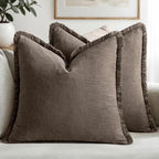 MIULEE Boho Linen Fringe Decorative Fall Throw Pillow Covers Coffee 18x18 | Set by MIULEE