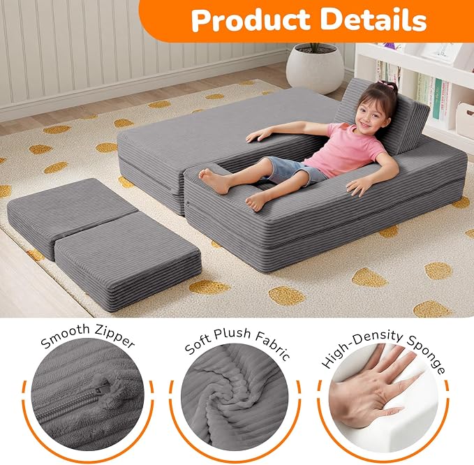 MeMoreCool Modular Kids Couch – Light Grey Foam Play Sofa Bed Convertible - Image 5