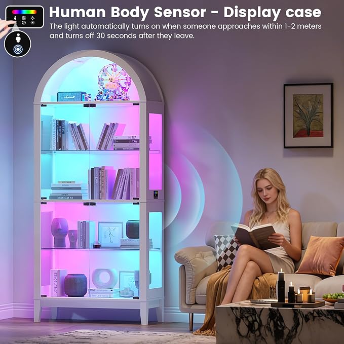 HNEBC Arched Book Shelf with Glass Doors, LED Bookcase with RGB Lights - Image 6