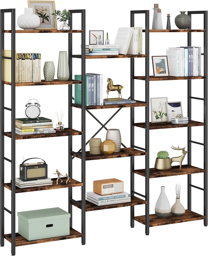 Shintenchi Triple Column 5 Tier Bookshelf, Industrial Large Bookcase Display - Image 7