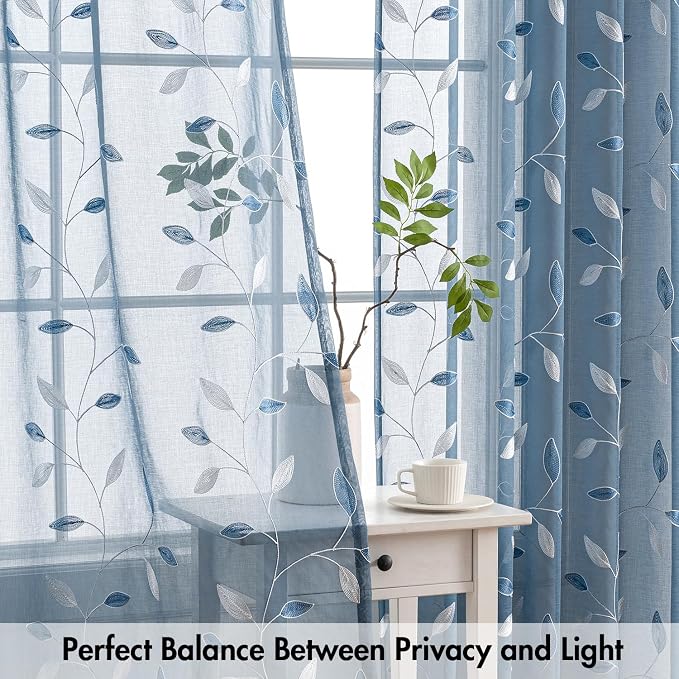 MIULEE Stone Blue Sheer Curtains 2 Panels Leaf Patterned, W52 x L63 | - Image 5