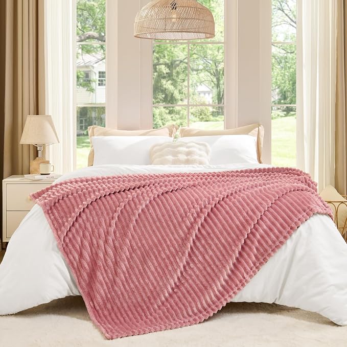 BEDELITE 3D Ribbed Jacquard Pink Fleece Throw Blanket - Image 6