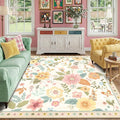 RELEANY Floral Washable Square 8ft Area Rug Beige/White/Orange | Flower Carpet by RELEANY