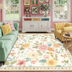 RELEANY Floral Washable Square 8ft Area Rug Beige/White/Orange | Flower Carpet by RELEANY