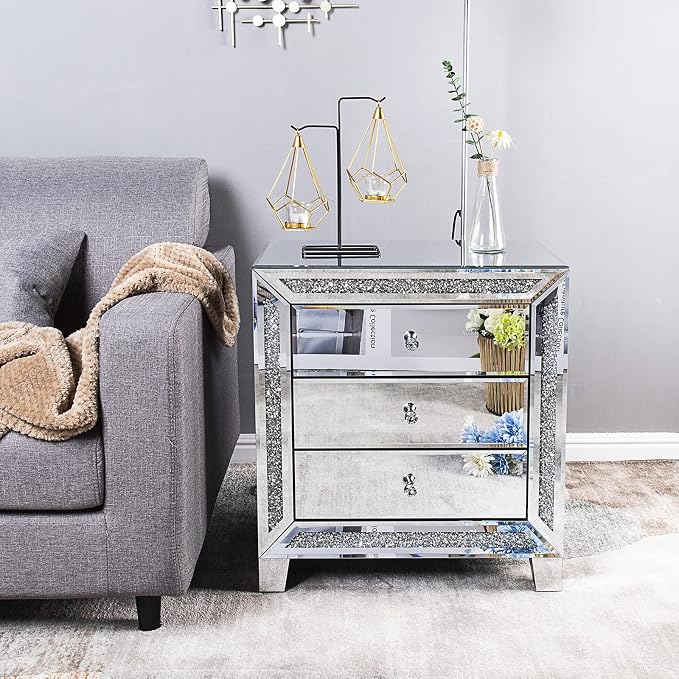VINGLI Mirrored Nightstands Set of 2, Modern Bedside Table 3 Drawer Glass Side - Image 2