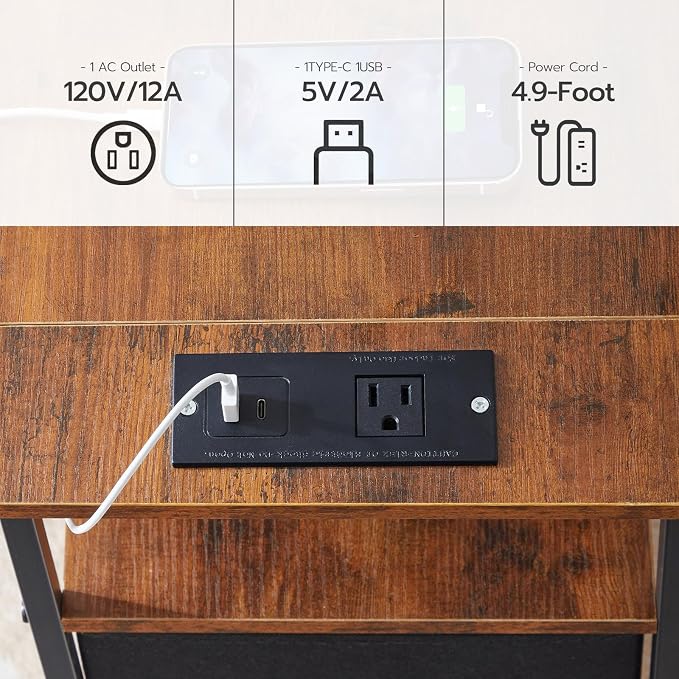 HOOBRO End Table with Charging Station, Nightstand with 2 Non-Woven Drawers - Image 7