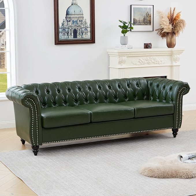 Mid-Century 3 Seater Sofa, Faux Leather Couch - Image 8