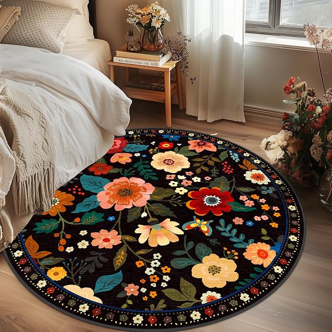 RELEANY Floral Washable Round 6ft Area Rug Black | Flower Carpet Print Boho - Image 2