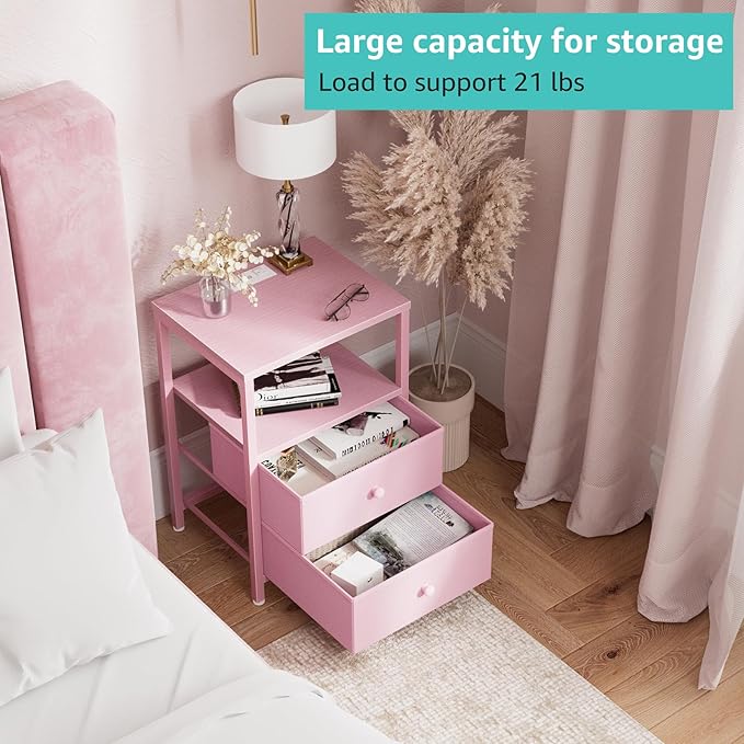 BOLUO Pink Nightstand with Charging Station, LED Night Stand with 2 Fabric - Image 4