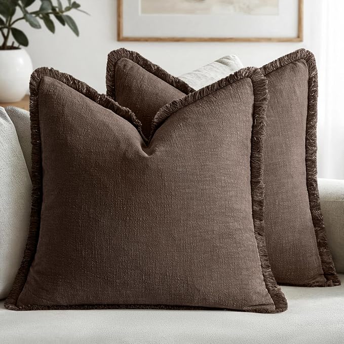 MIULEE Linen Fringe Decorative Fall Euro Pillow Covers Reddish Brown 22x22 | by MIULEE