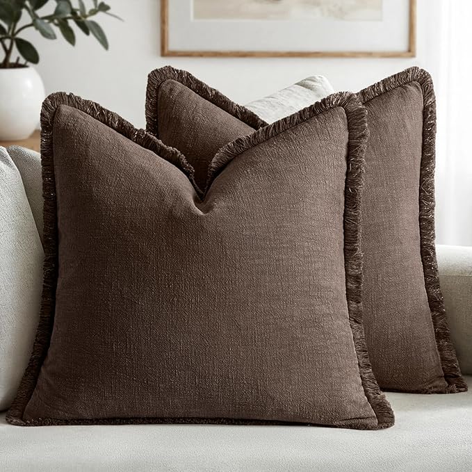 MIULEE Linen Fringe Decorative Fall Euro Pillow Covers Reddish Brown 24x24 | by MIULEE