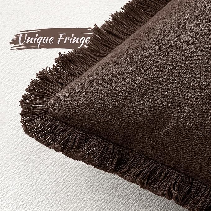 MIULEE Linen Fringe Decorative Fall Throw Pillow Covers Dark Brown 20x20 | Set - Image 4