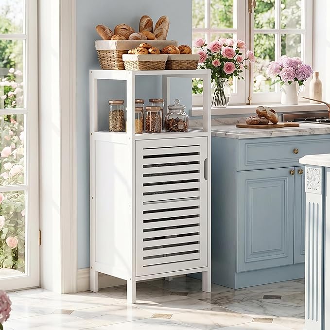 HITNET Bamboo Bathroom Storage Cabinet, 4 Tier Small White Floor Cabinet - Image 2
