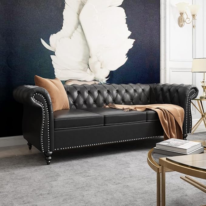 Mid-Century 3 Seater Sofa, Faux Leather Couch by YUCHIATHSoulFurniture
