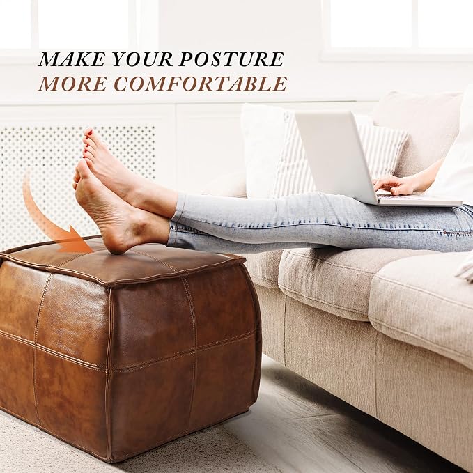 Leather Ottoman, Handmade Stuffed Square Ottoman, Genuine Leather Pouf - Image 5