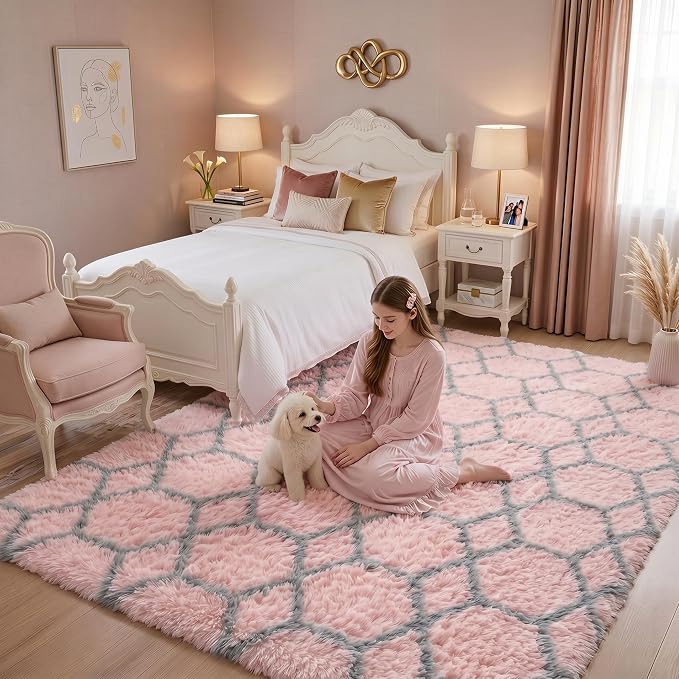 6x9 Area Rugs for Living Room Bedroom, Fluffy Pink and Grey Geometric Rug | - Image 7