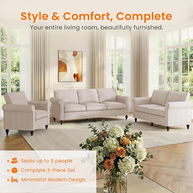 Living Room Sofa Sets 3 Piece, Modern 3 Seater Sofa and Loveseat Couch and - Image 2