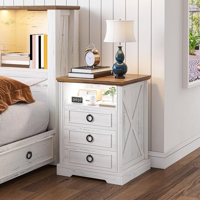 Nightstand Set 2 with Charging Station, Farmhouse End Side Table with 3 Drawers - Image 7