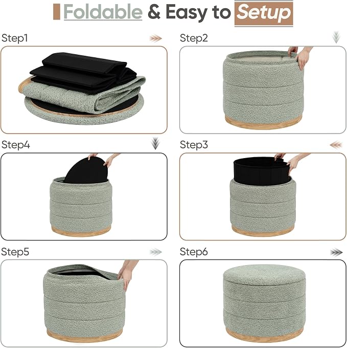 Round Storage Ottoman with Tray Lid, Folding Chenille Fabric Footrest with - Image 7