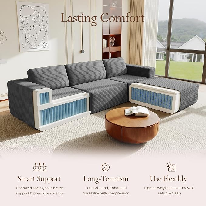 Vesgantti 119" L-Shaped Modular Sectional Sofa, Corduroy Cloud Couch - Image 4
