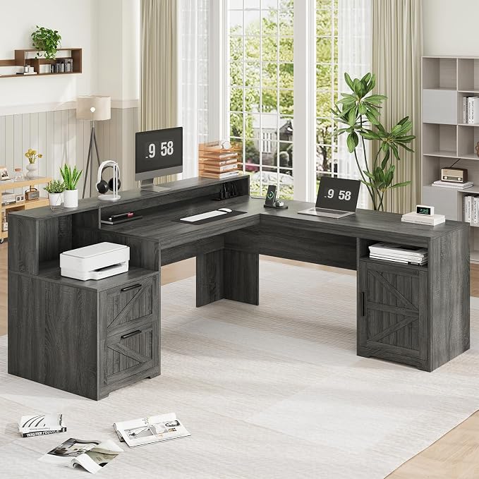 YOMILUVE 63" Farmhouse L Shaped Executive Desk - Image 9