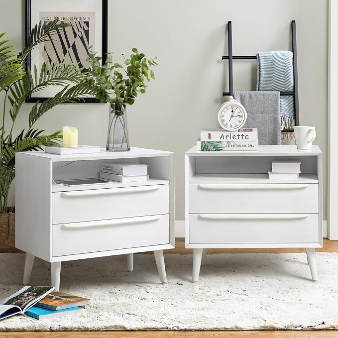HULALA HOME End Table with Charging Station, Mid-Century Modern 2 Drawer and by HULALAHOME