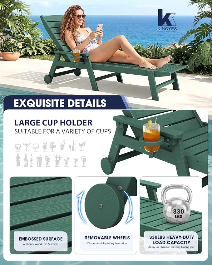 KINGYES HDPE Lounge Chair Outdoor Set of 2, Patio Chaise Lounge Recliner - Image 4