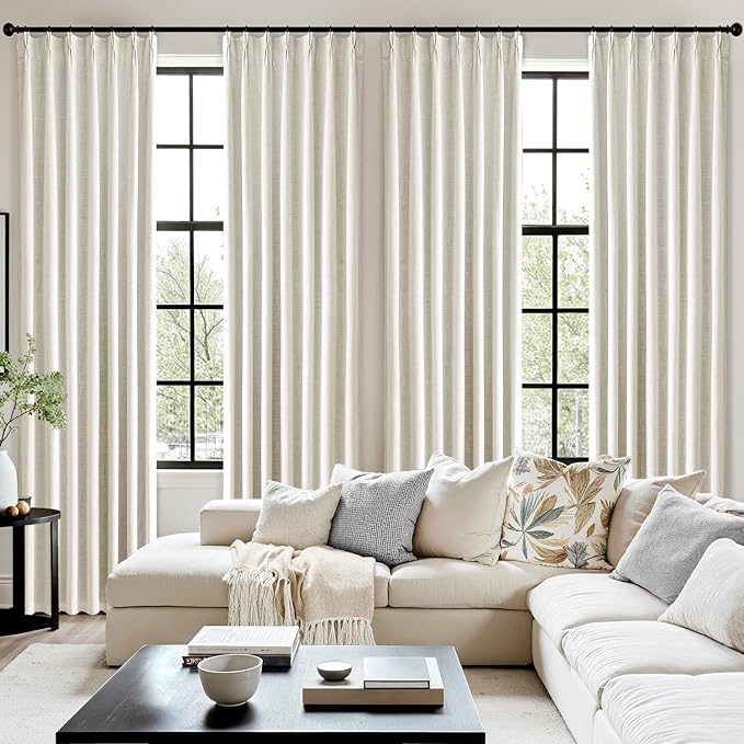 MIULEE Beige White Pinch Pleated 100% Blackout Linen Curtains 40x90 Inches | - Image 7