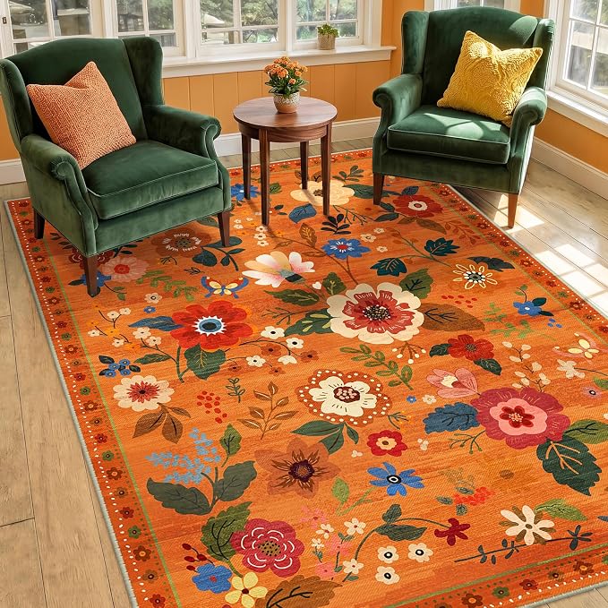 RELEANY Floral Washable 3x5 Area Rugs BurntOrange | Flower Carpet Print Boho - Image 2