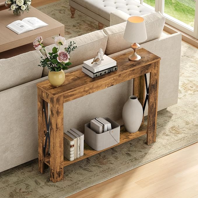 YATINEY Farmhouse Console Table, 39.4'' Small Narrow Entryway Table, Wood Couch - Image 2