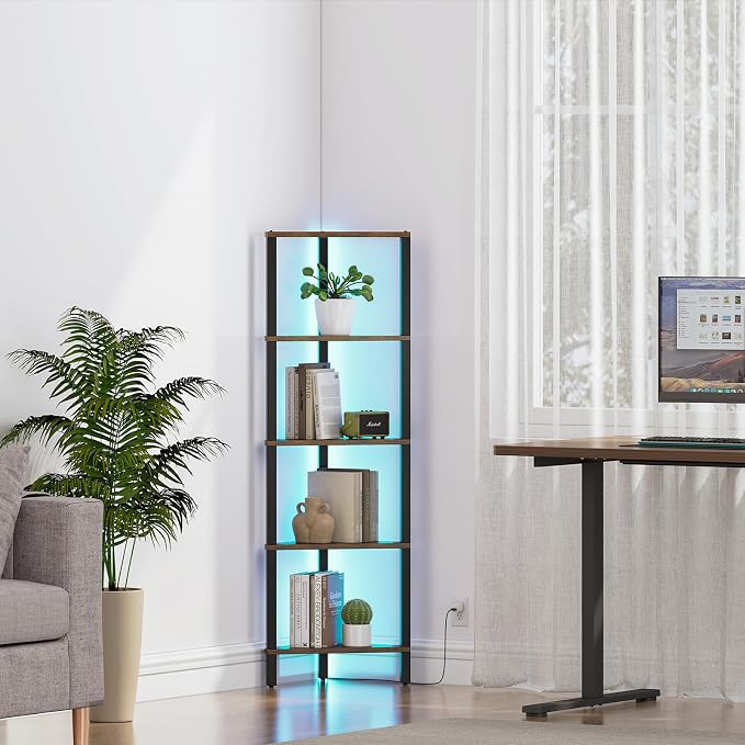 TUTOTAK Corner Shelf with LED Light, 5-Tier Corner Bookshelf - Image 8
