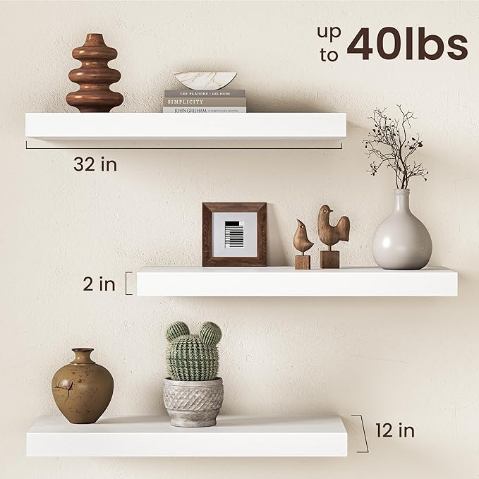 32Inch White Floating Shelves for Wall, 12 Inch Deep Shelves for Bedroom - Image 2