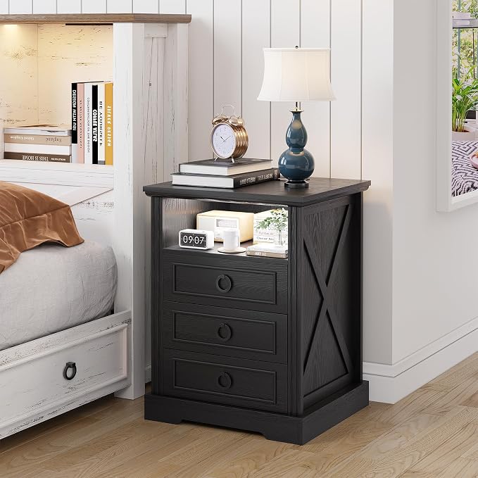 Nightstand with Charging Station, Farmhouse End Side Table with 3 Drawers and - Image 7
