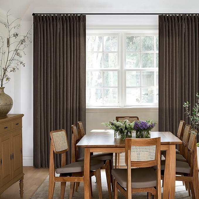 Dark Chocolate 90 Inch Pinch Pleated Semi Sheer Linen Curtains 2 Panels | - Image 9