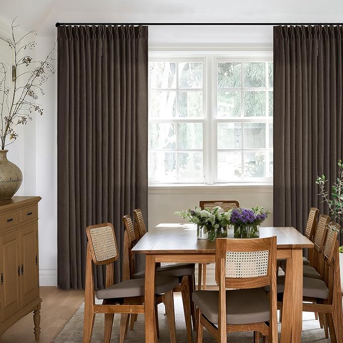 Dark Chocolate 96 Inch Pinch Pleated Semi Sheer Linen Curtains 2 Panels | - Image 7